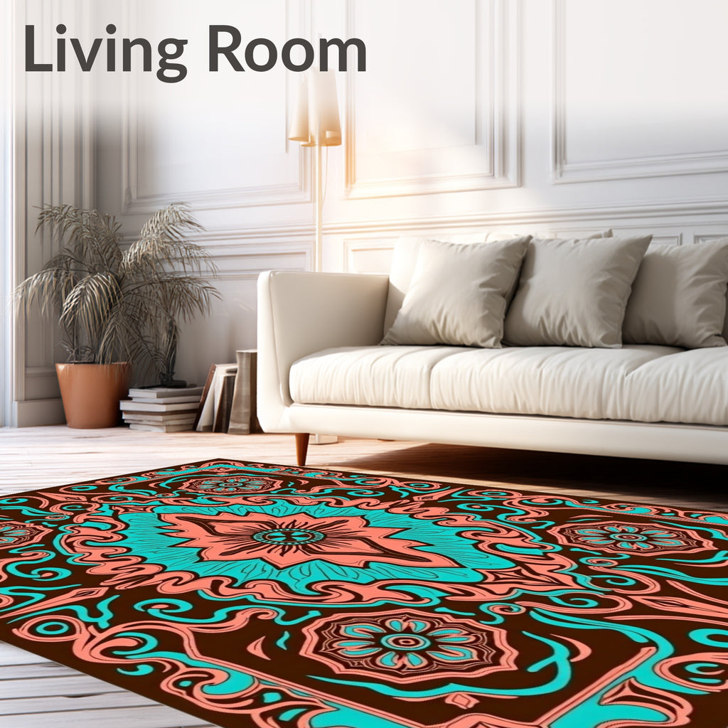 Coral Teal Floral Symmetry Rug