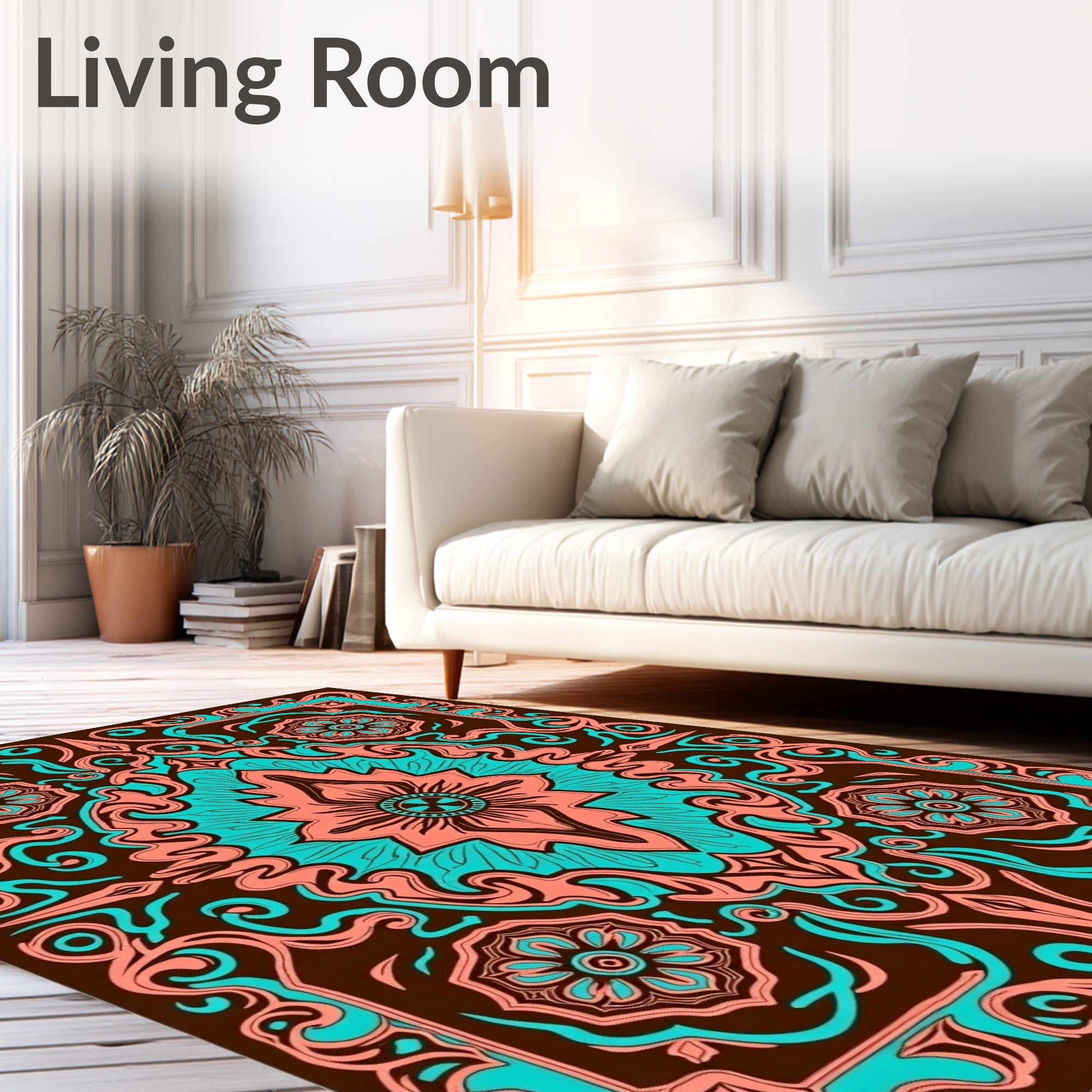 Coral Teal Floral Symmetry Rug