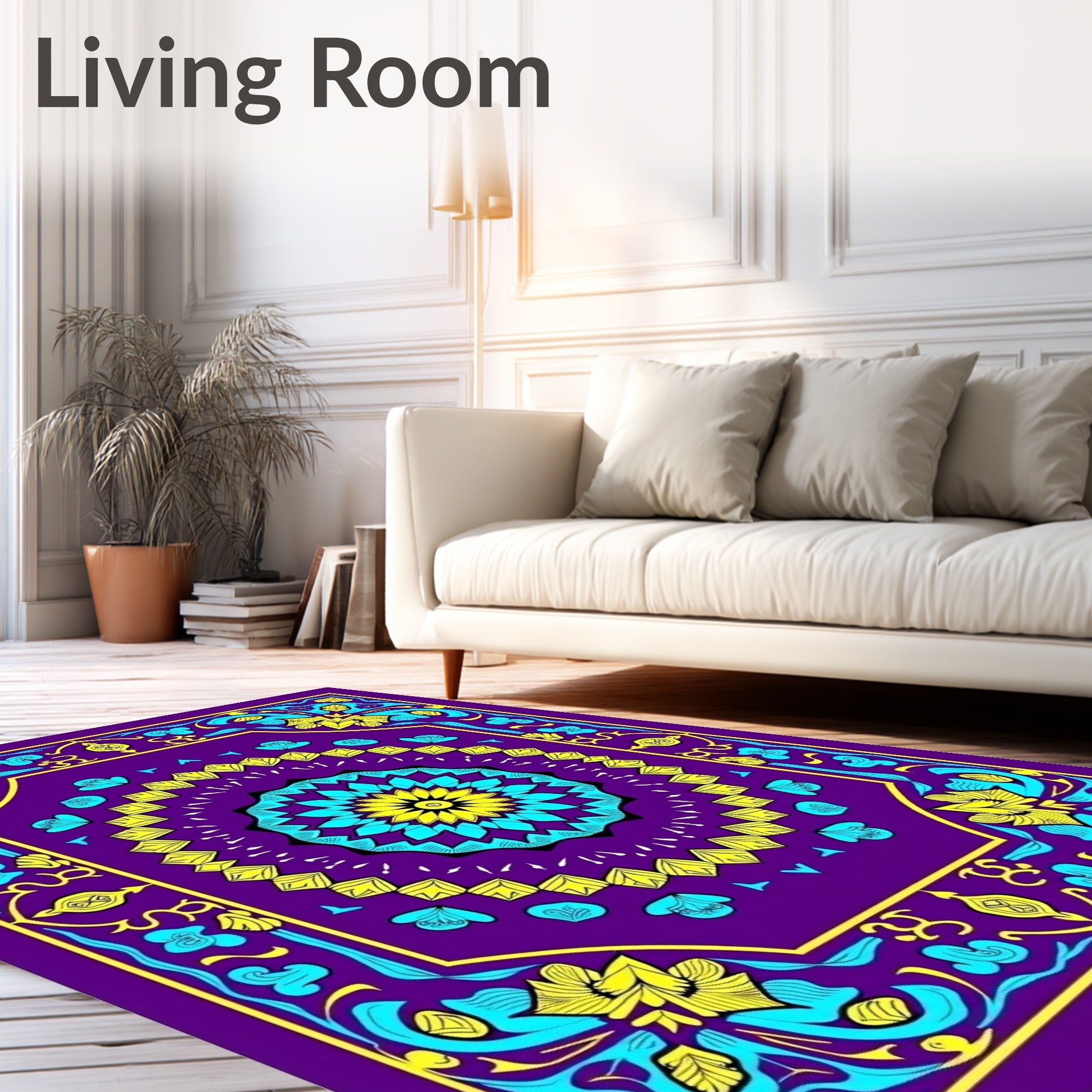 Vibrant Purple Teal Yellow Floral Mandala Rug