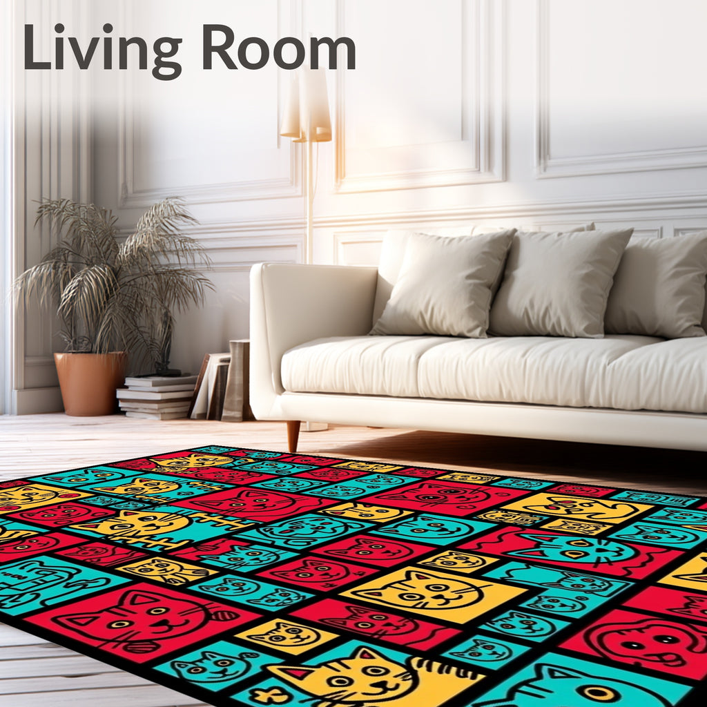 Vibrant Red Yellow Teal Cat Collage Rug
