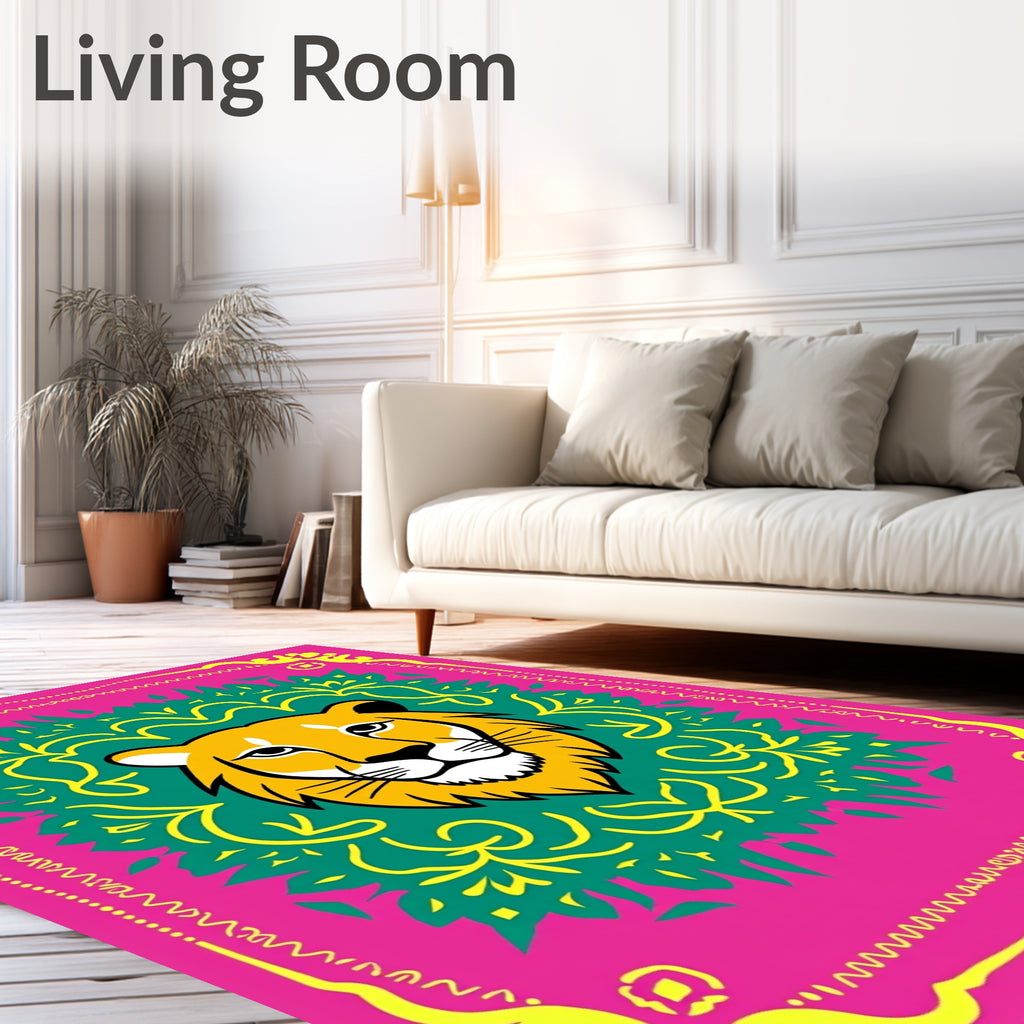 Vibrant Lion Head Geometric Medallion Rug