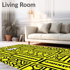 Bright Yellow Rectangular Folk Art Collage Rug