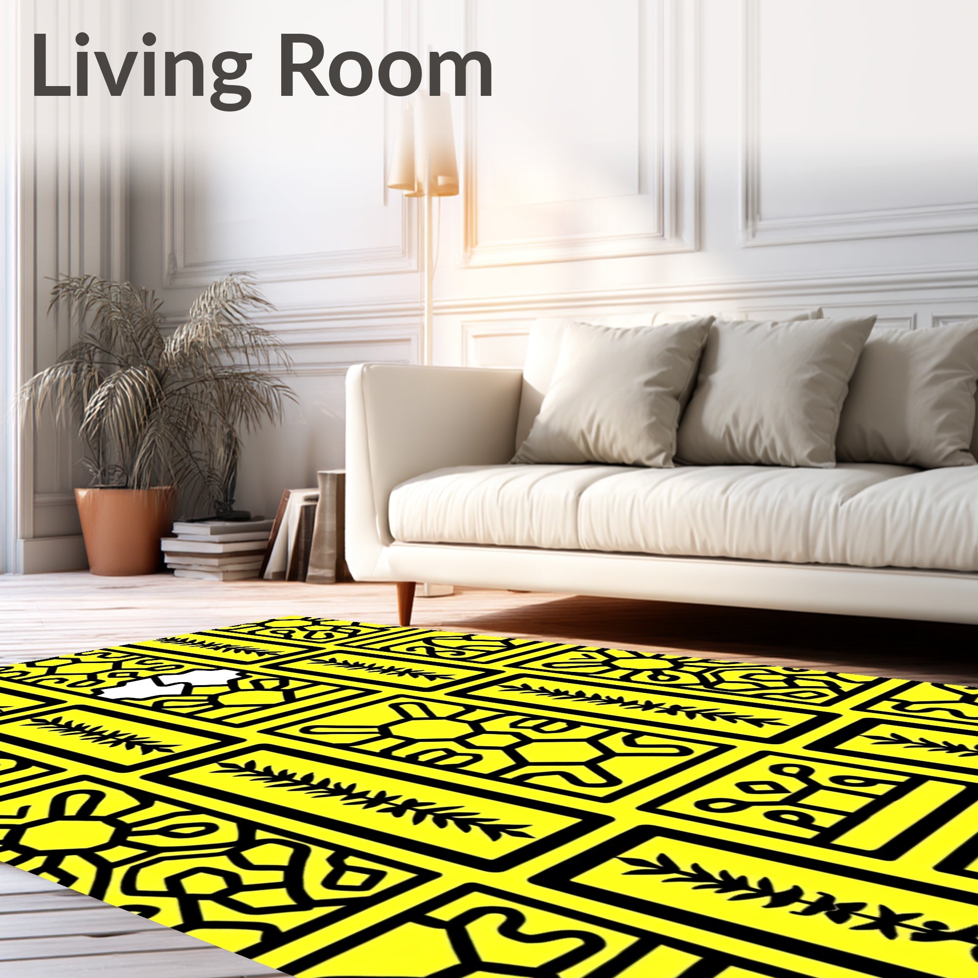 Bright Yellow Rectangular Folk Art Collage Rug
