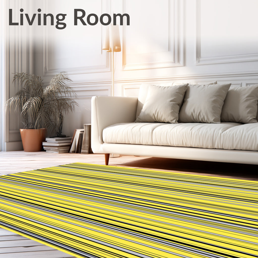 Bright Yellow Black Gray Pinstripe Rug
