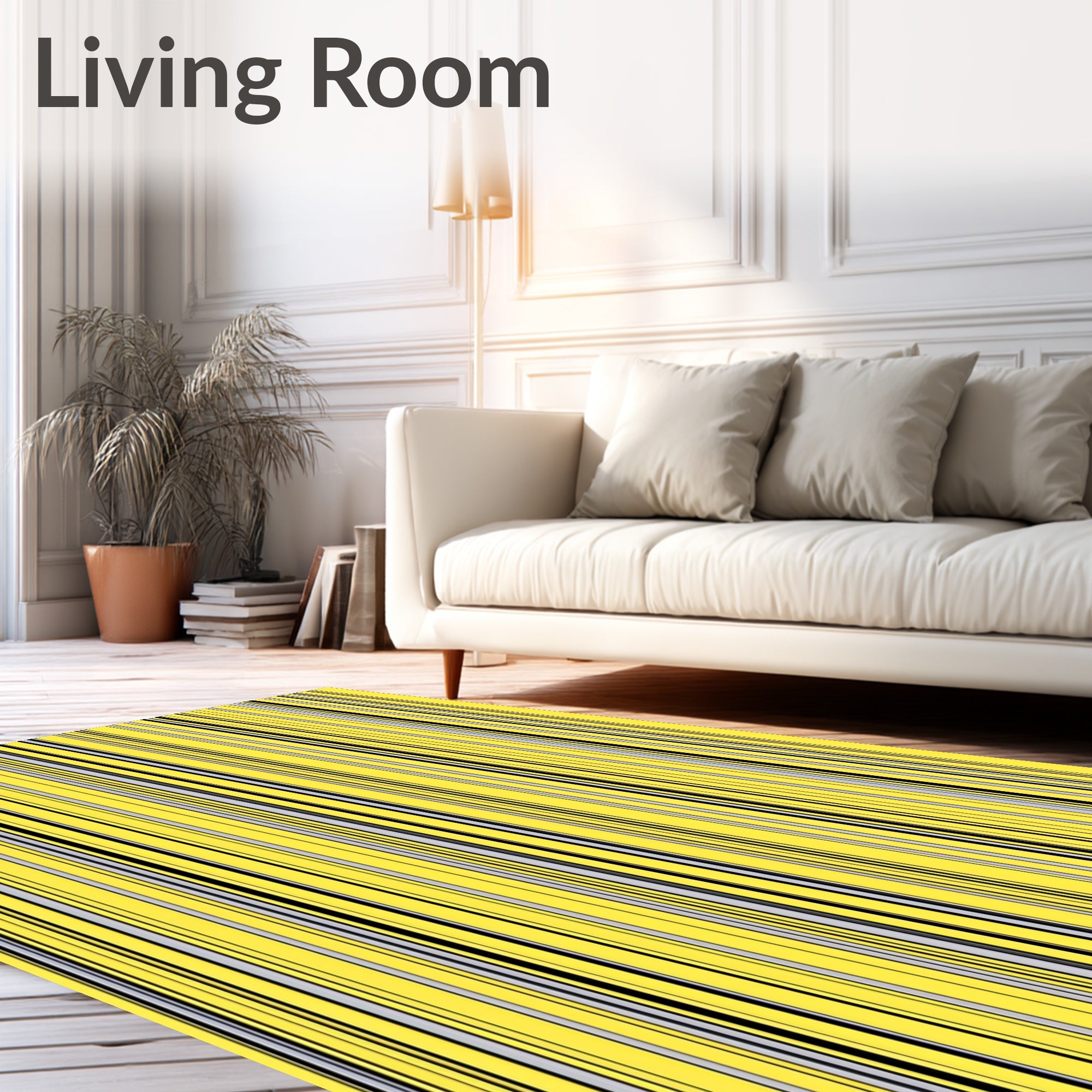 Bright Yellow Black Gray Pinstripe Rug