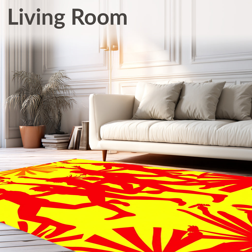 Vibrant Red Figures Sunburst Yellow Rug