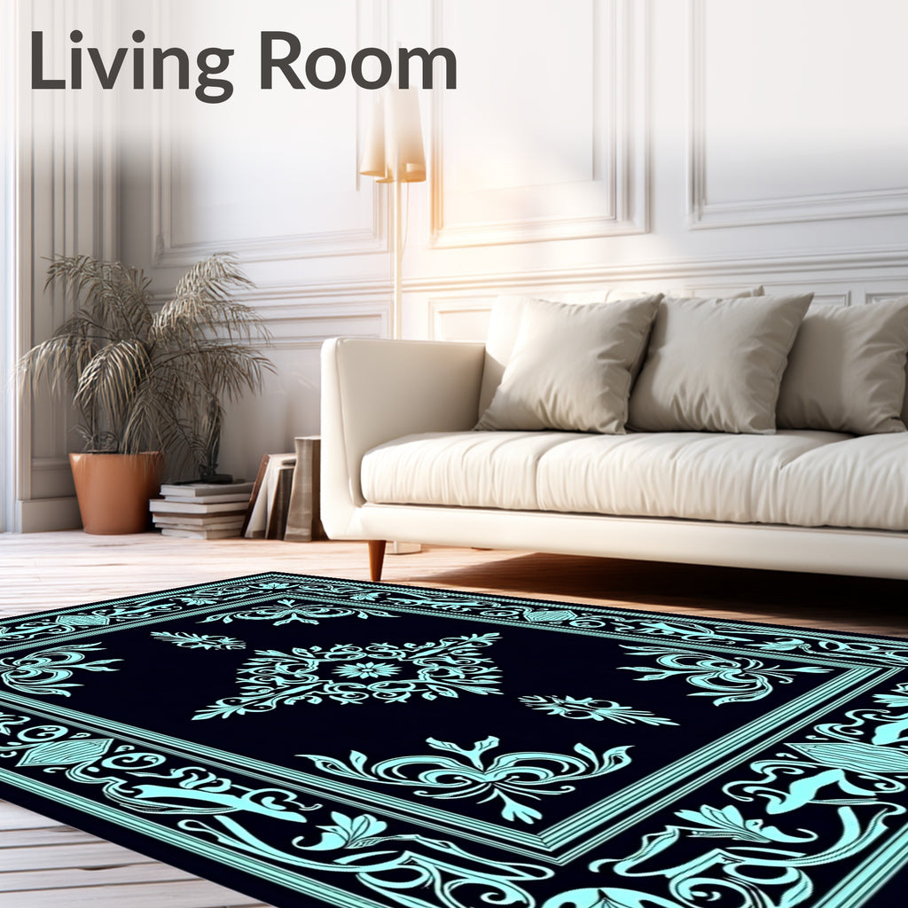Aqua Art Nouveau Floral Scroll Rug