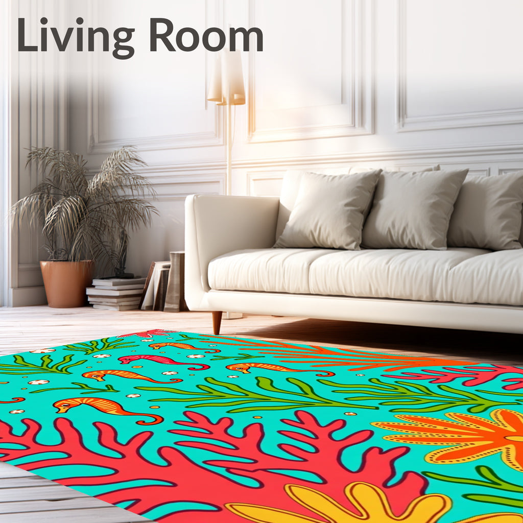 Vibrant Coastal Seahorse Coral Garden Rug