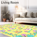 Whimsical Pink Blue Bunny Floral Border Rug