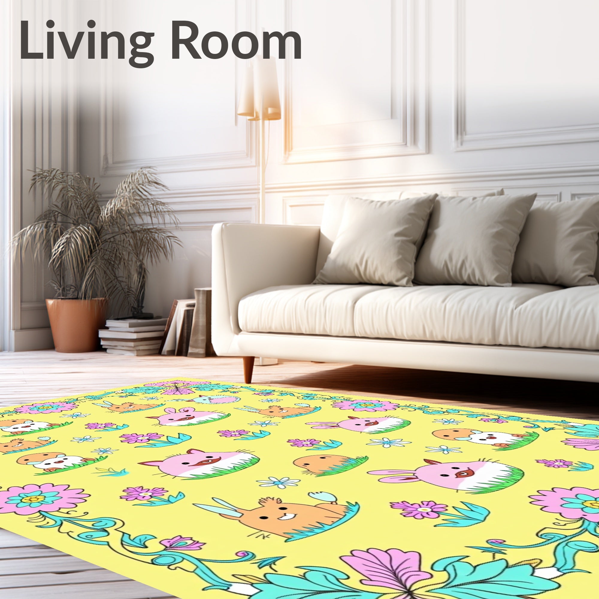 Whimsical Pink Blue Bunny Floral Border Rug