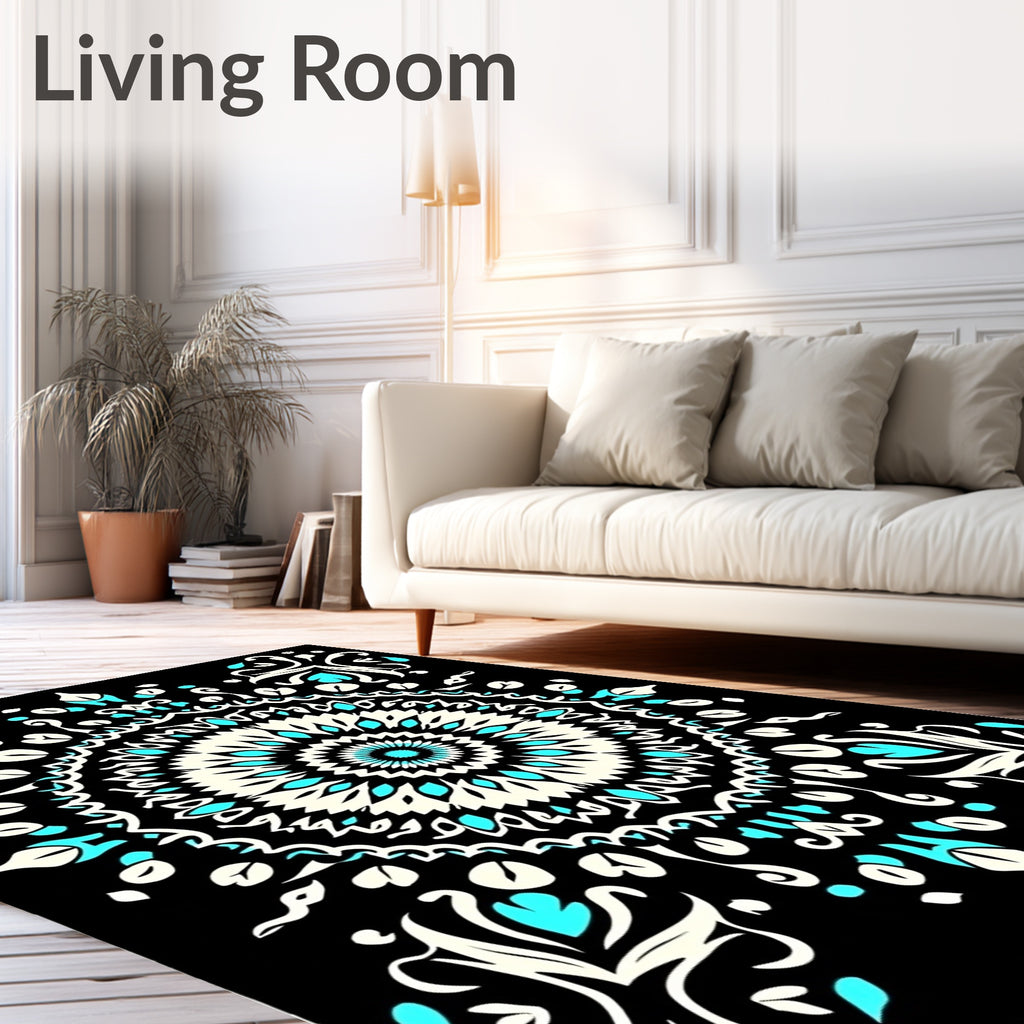 Black Turquoise Cream Mandala Medallion Rug