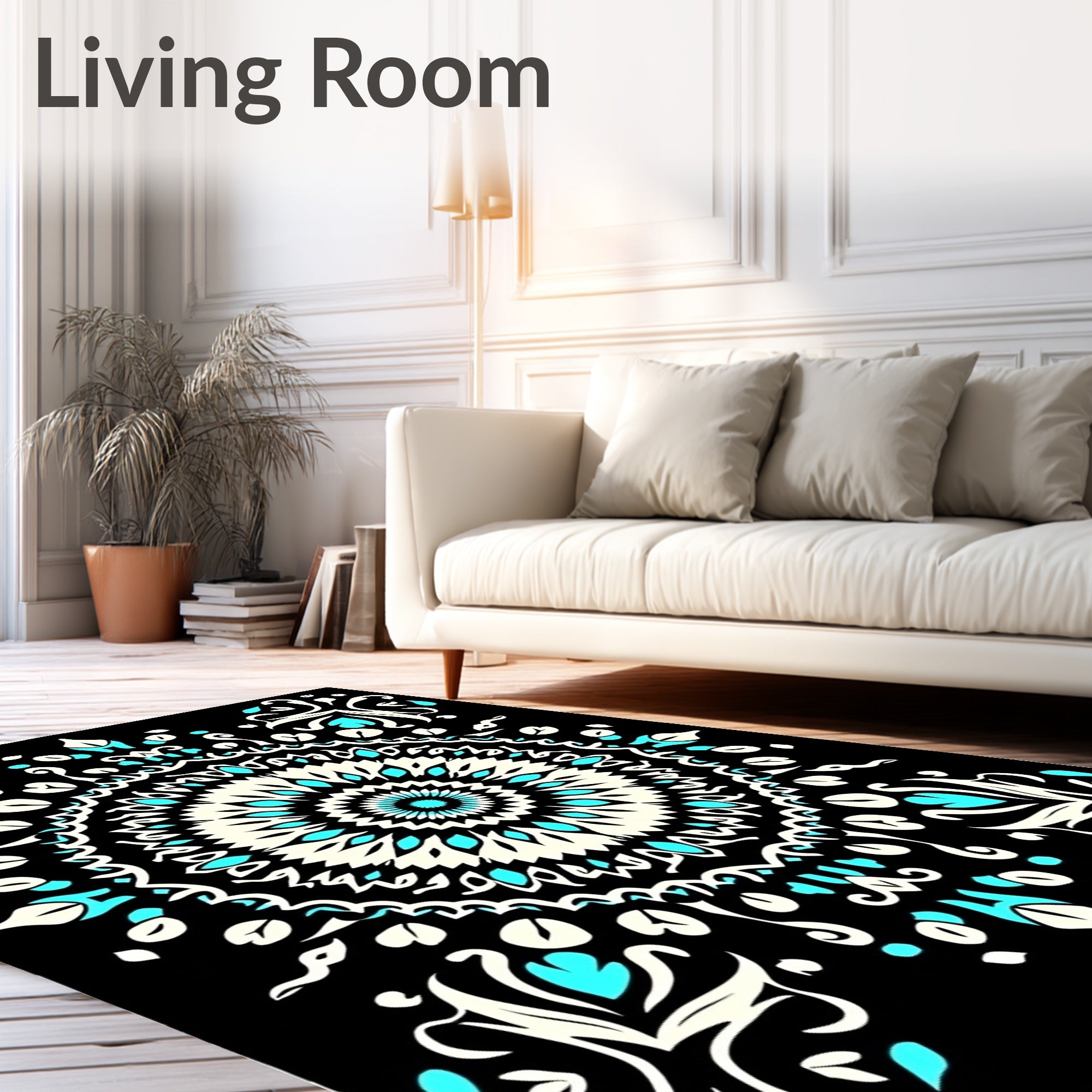 Black Turquoise Cream Mandala Medallion Rug