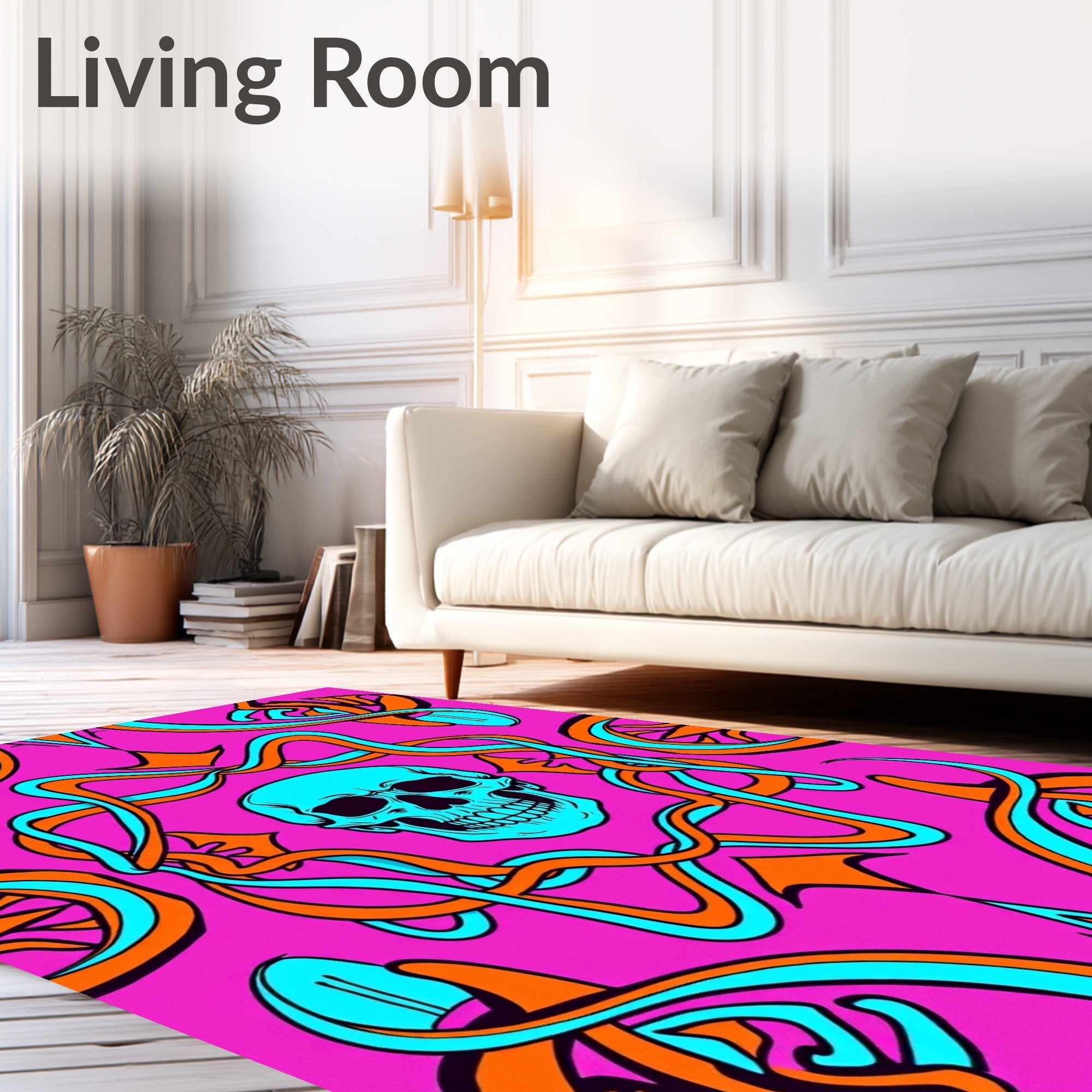 Cyan Skull With Orange Swirls Rug