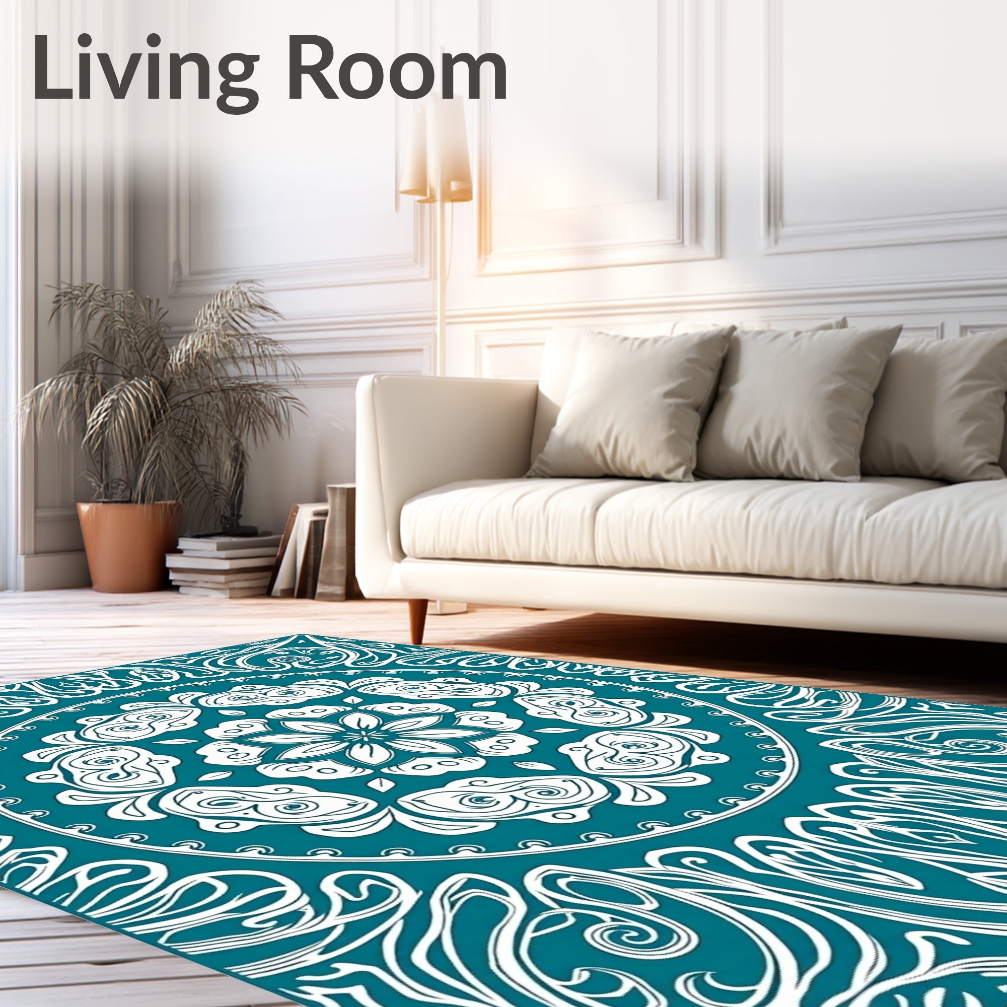 Teal White Organic Mandala Swirl Rug