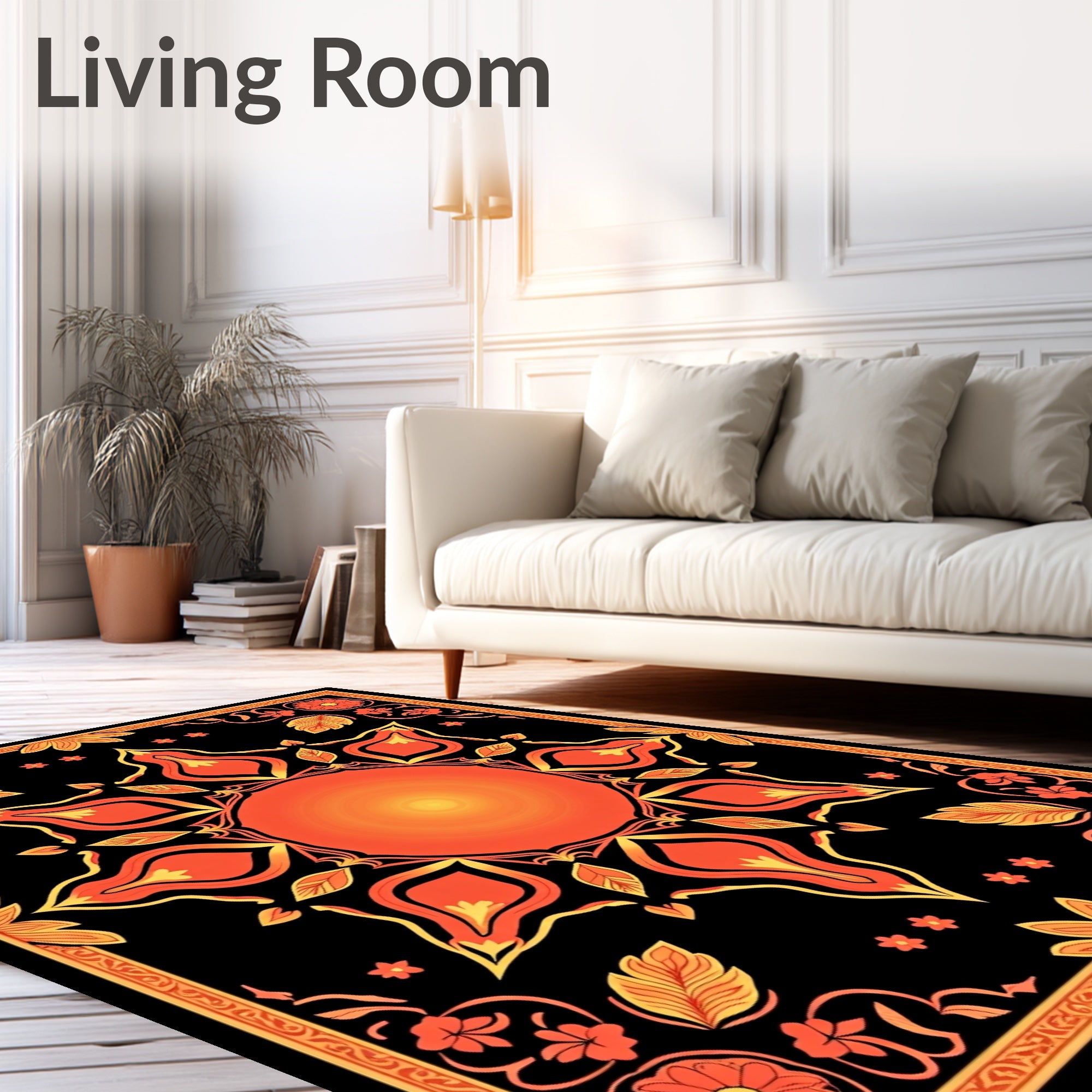 Fiery Orange Yellow Central Sun Medallion Rug