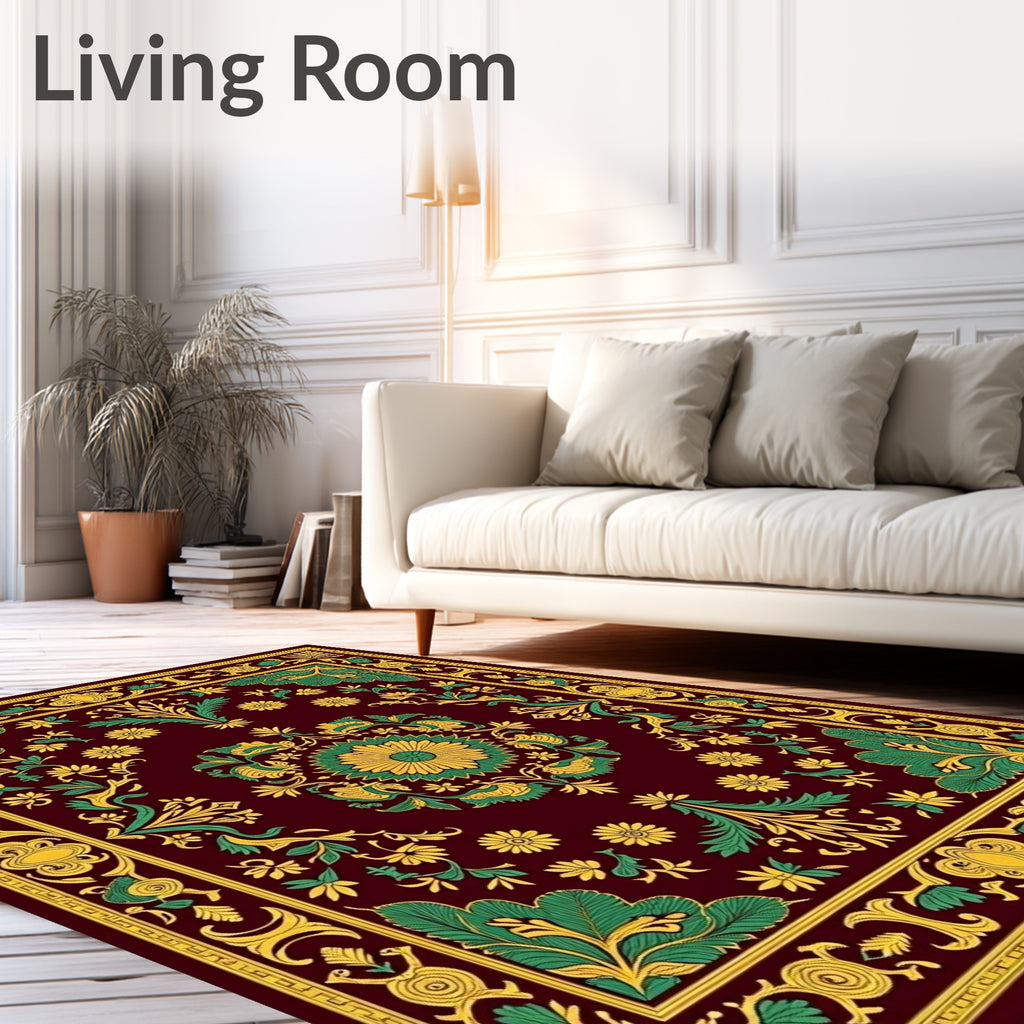 Crimson Emerald Golden Floral Medallion Rug