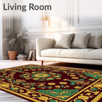 Crimson Emerald Golden Floral Medallion Rug