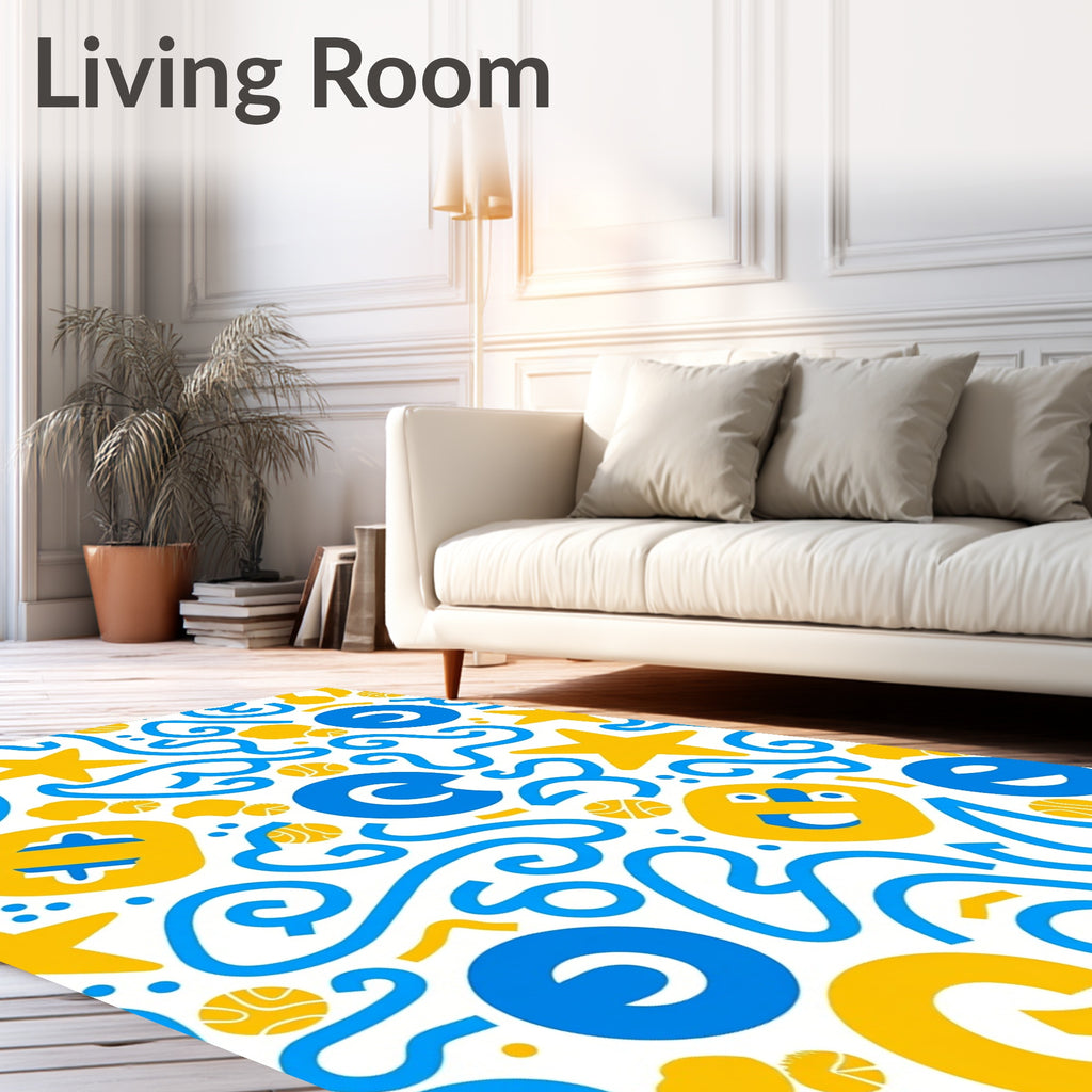 Retro Yellow Blue Doodle Art Rug