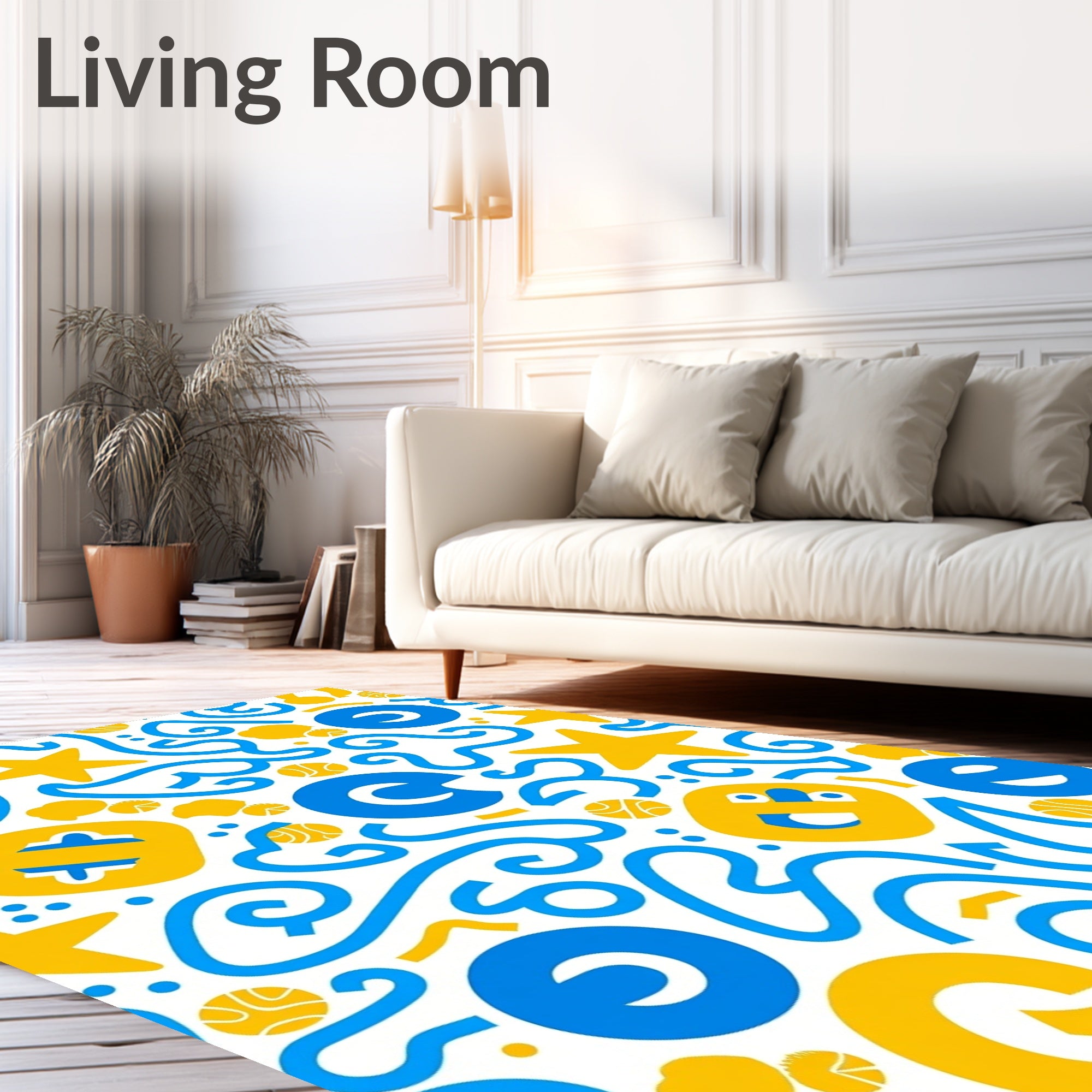Retro Yellow Blue Doodle Art Rug