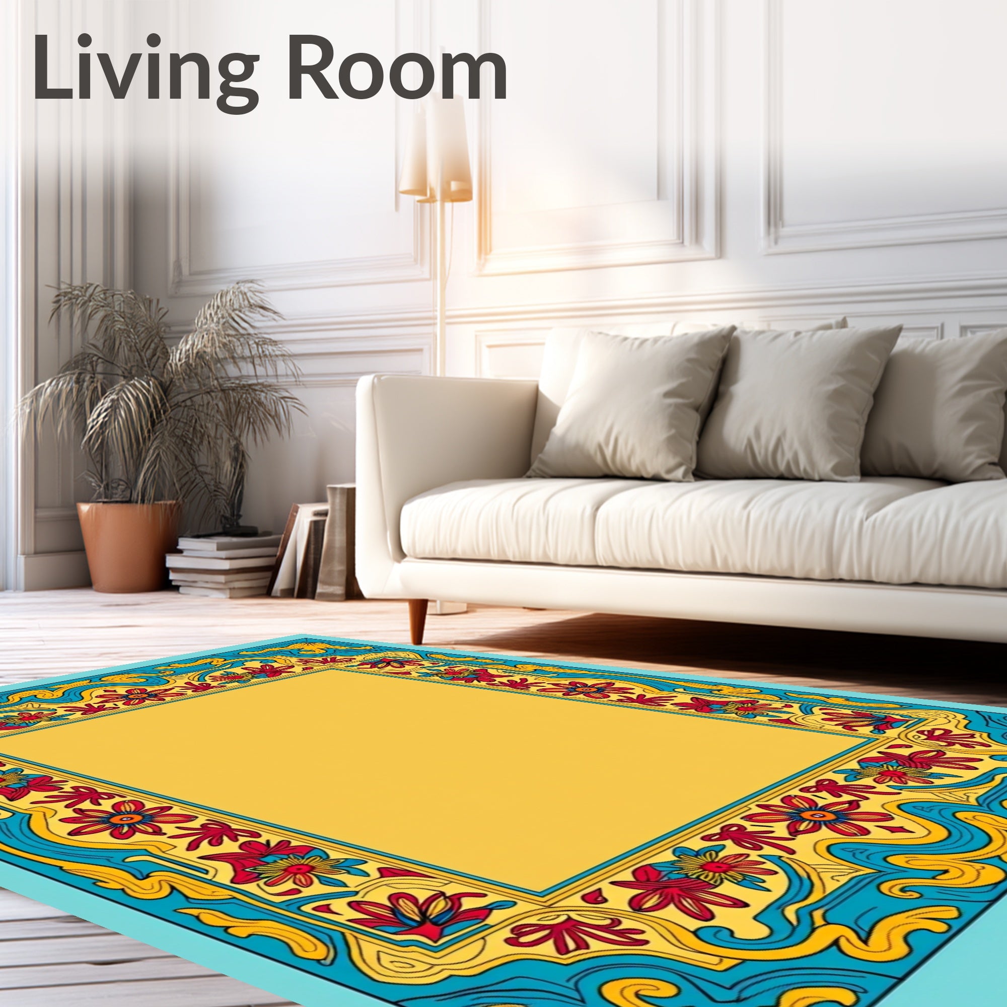 Vibrant Red Blue Yellow Floral Frame Rug