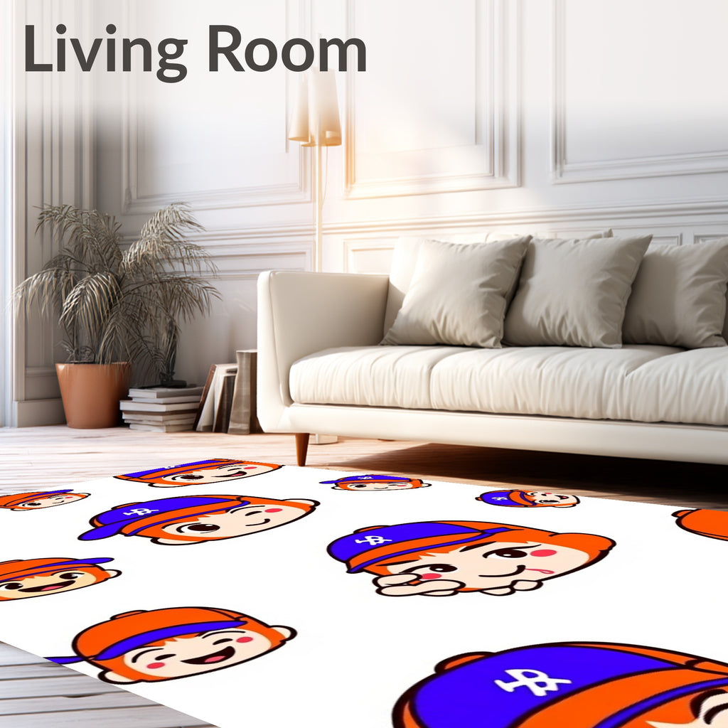 Playful Orange Blue Cartoon Faces Rug