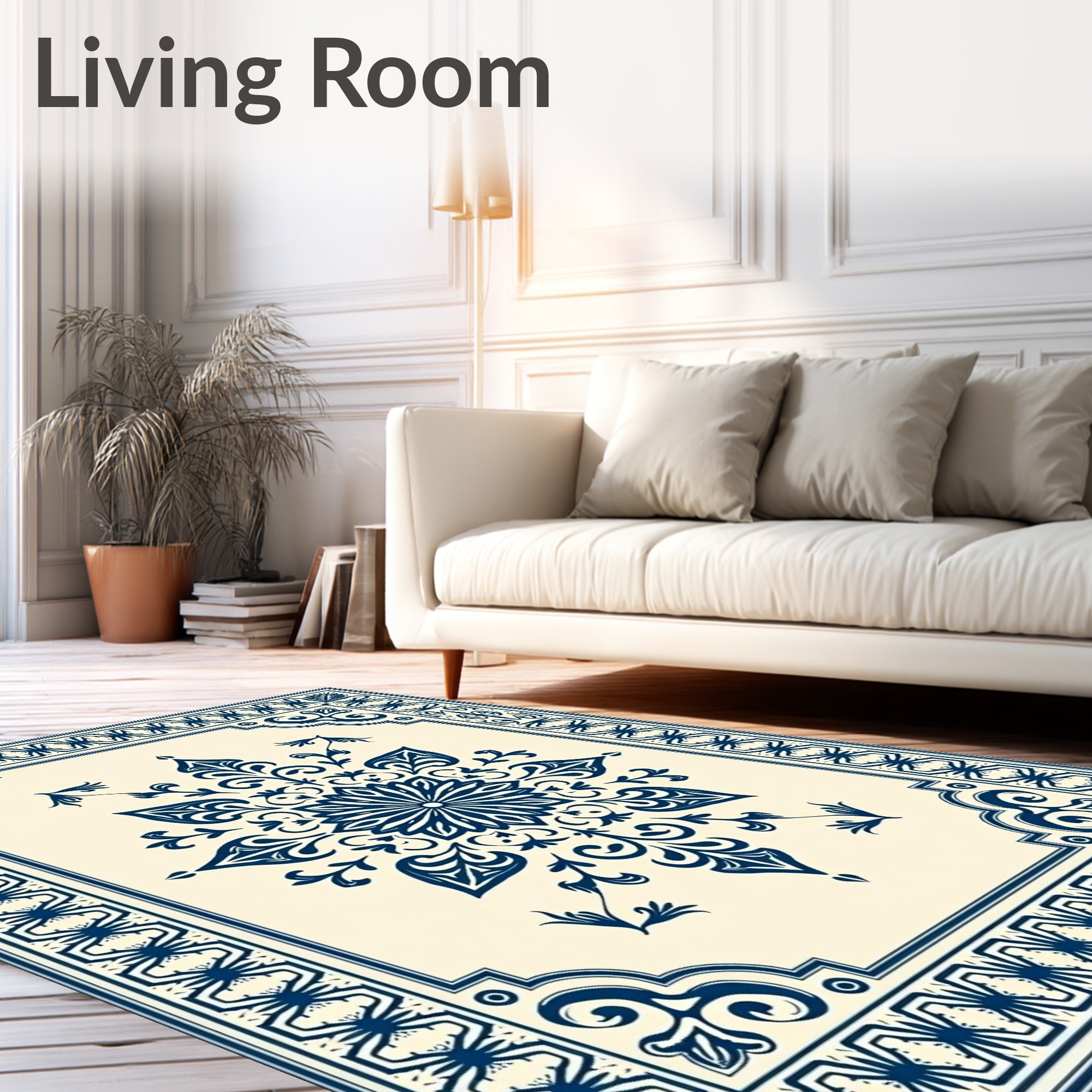 Classic Blue Floral Mandala Border Rug
