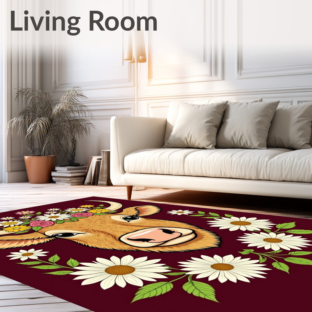 Whimsical Highland Cow Floral Wreath Rug