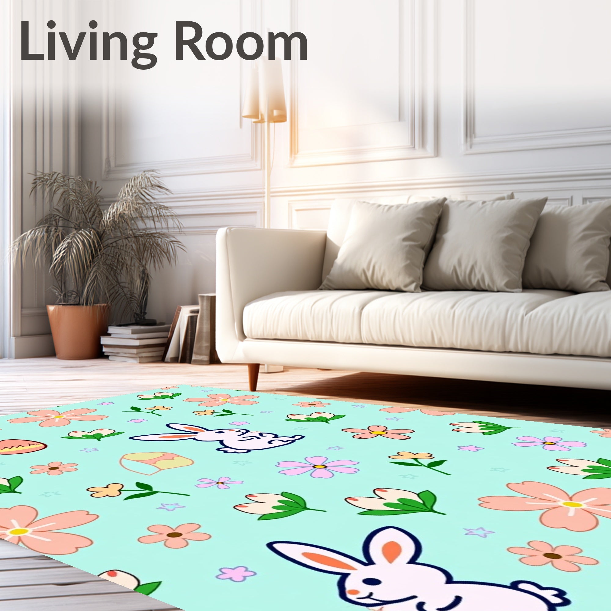 Whimsical Pink Easter Bunny Floral Rug