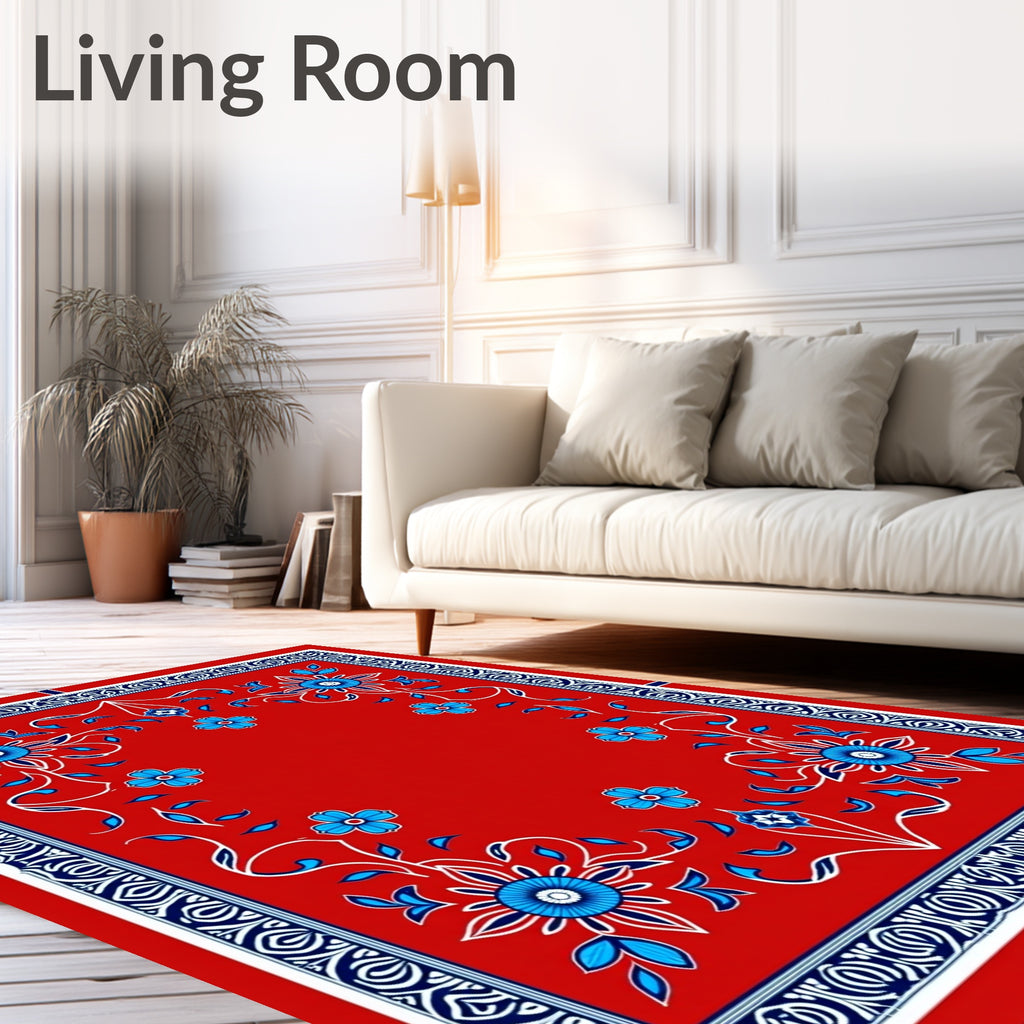Red Blue Floral Vine Border Rug