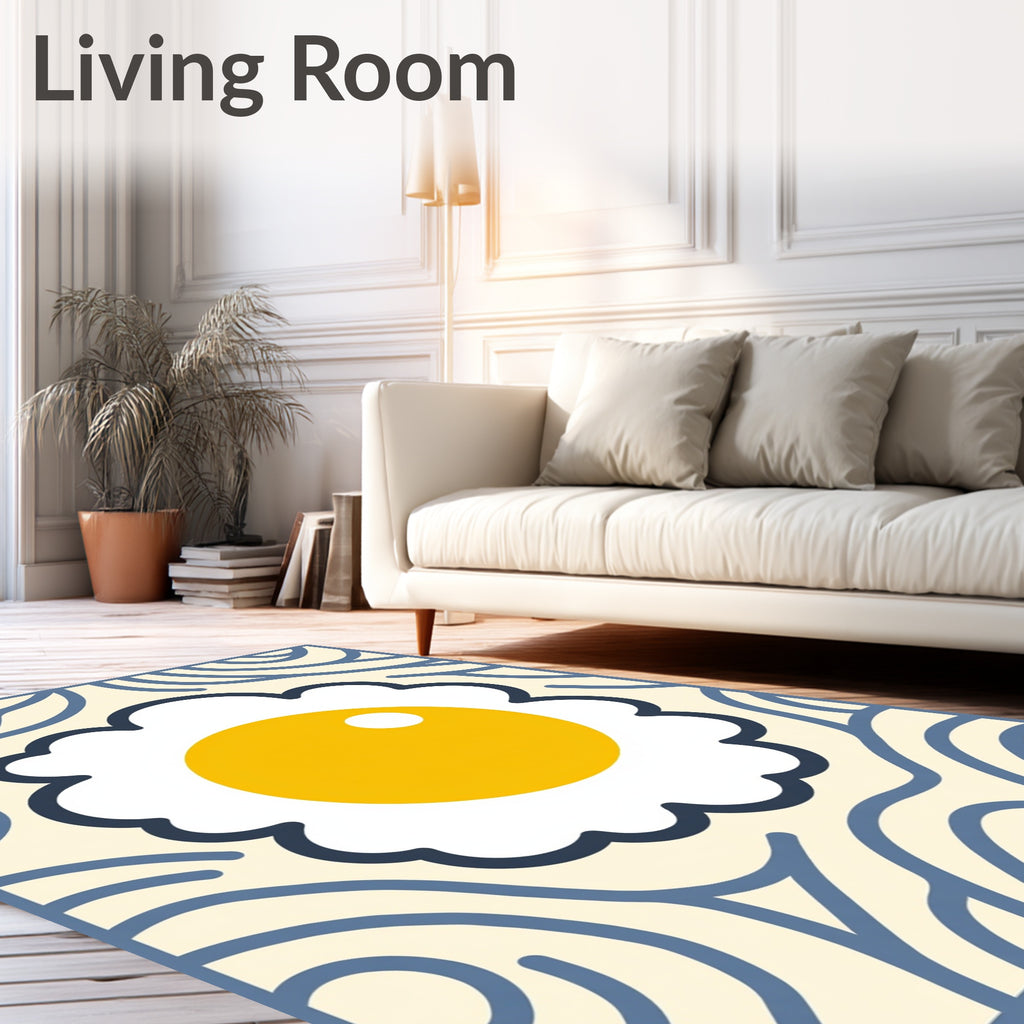 Whimsical Fried Egg Creamy Blue Rug