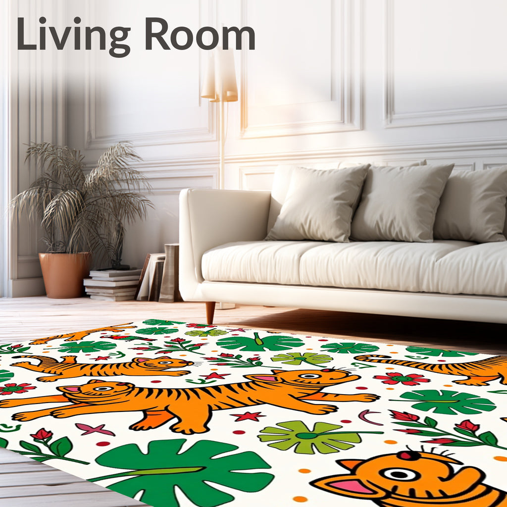 Playful Orange Tigers Tropical Foliage Rug