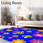 Happy Bees and Flowers on Blue Background Rug
