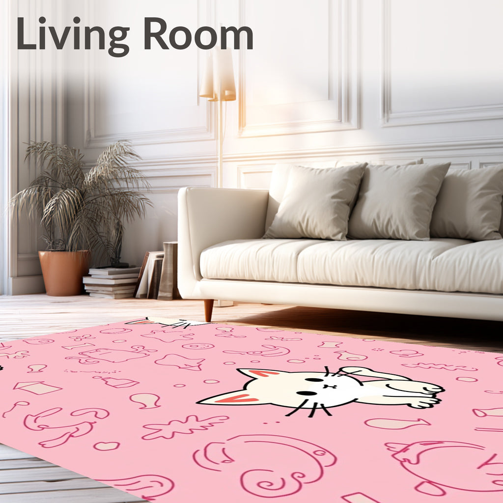 Cute Pink Kitten Scattered Line Art Rug