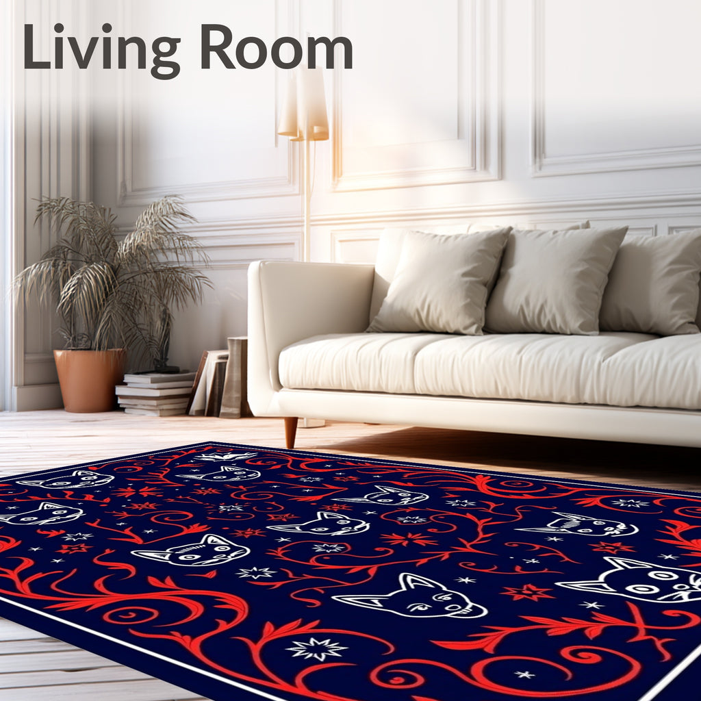 Navy Red White Cat Collage Rug