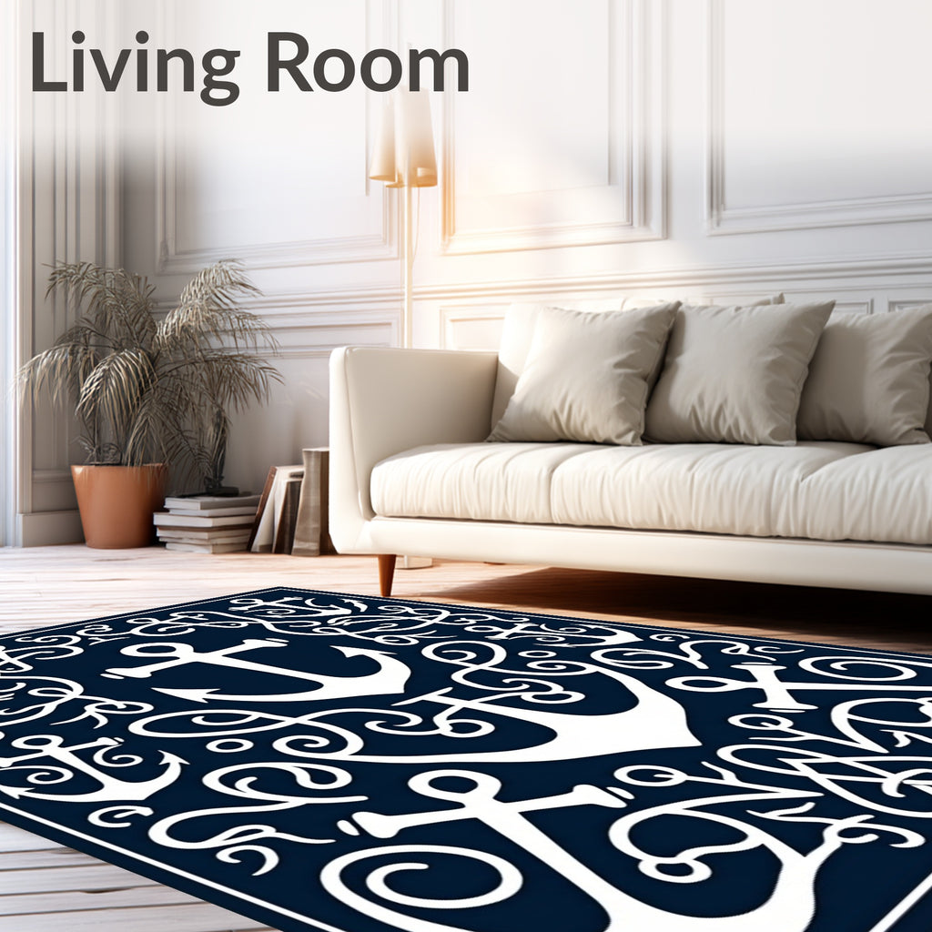 Navy White Anchor Swirl Maritime Art Rug