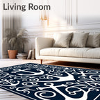 Navy White Anchor Swirl Maritime Art Rug