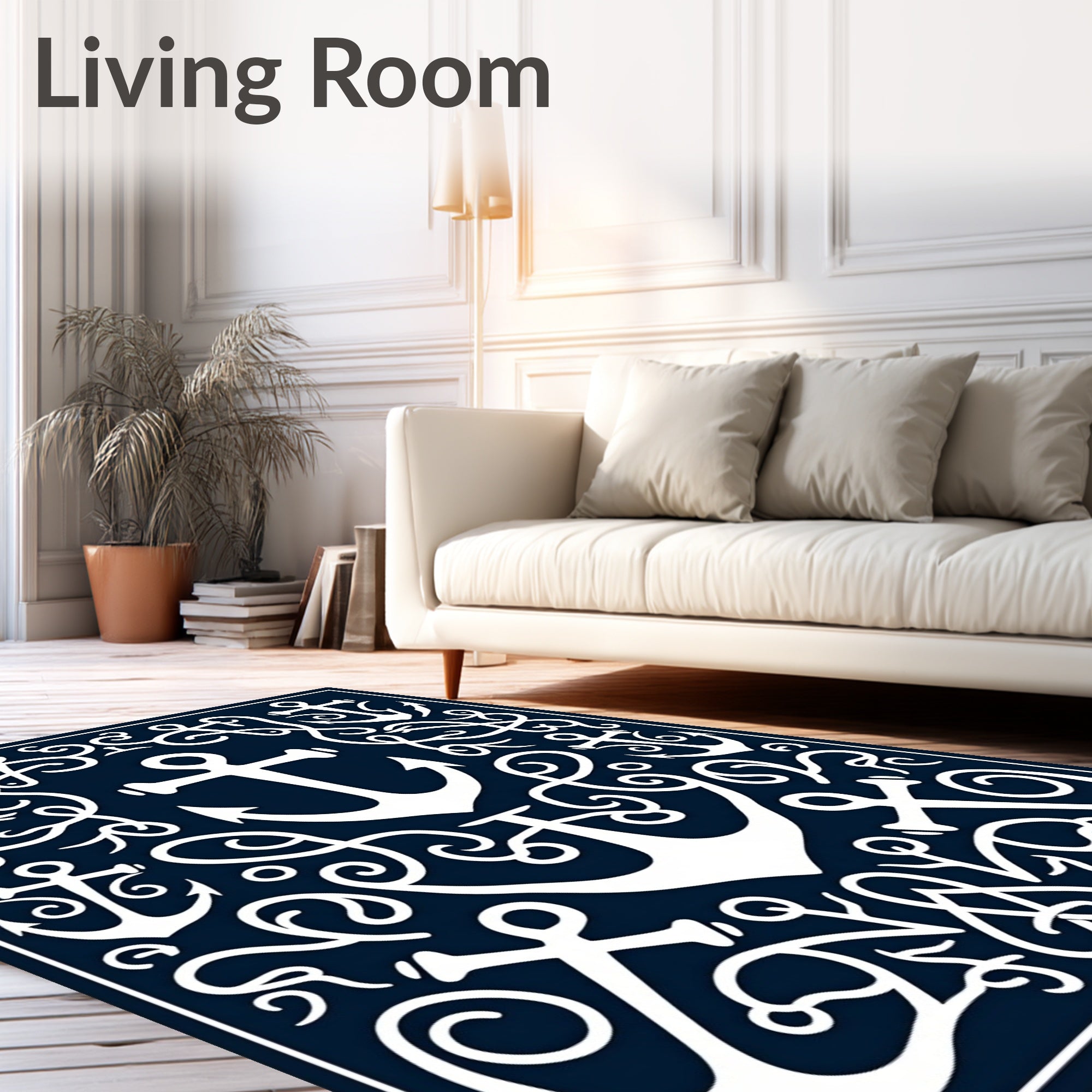 Navy White Anchor Swirl Maritime Art Rug