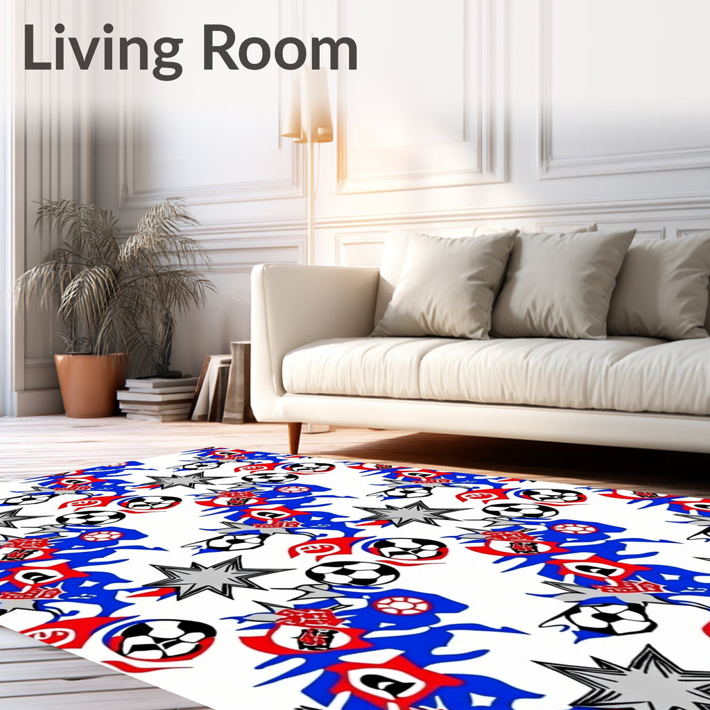 Dynamic Red Blue Soccer Star Burst Rug