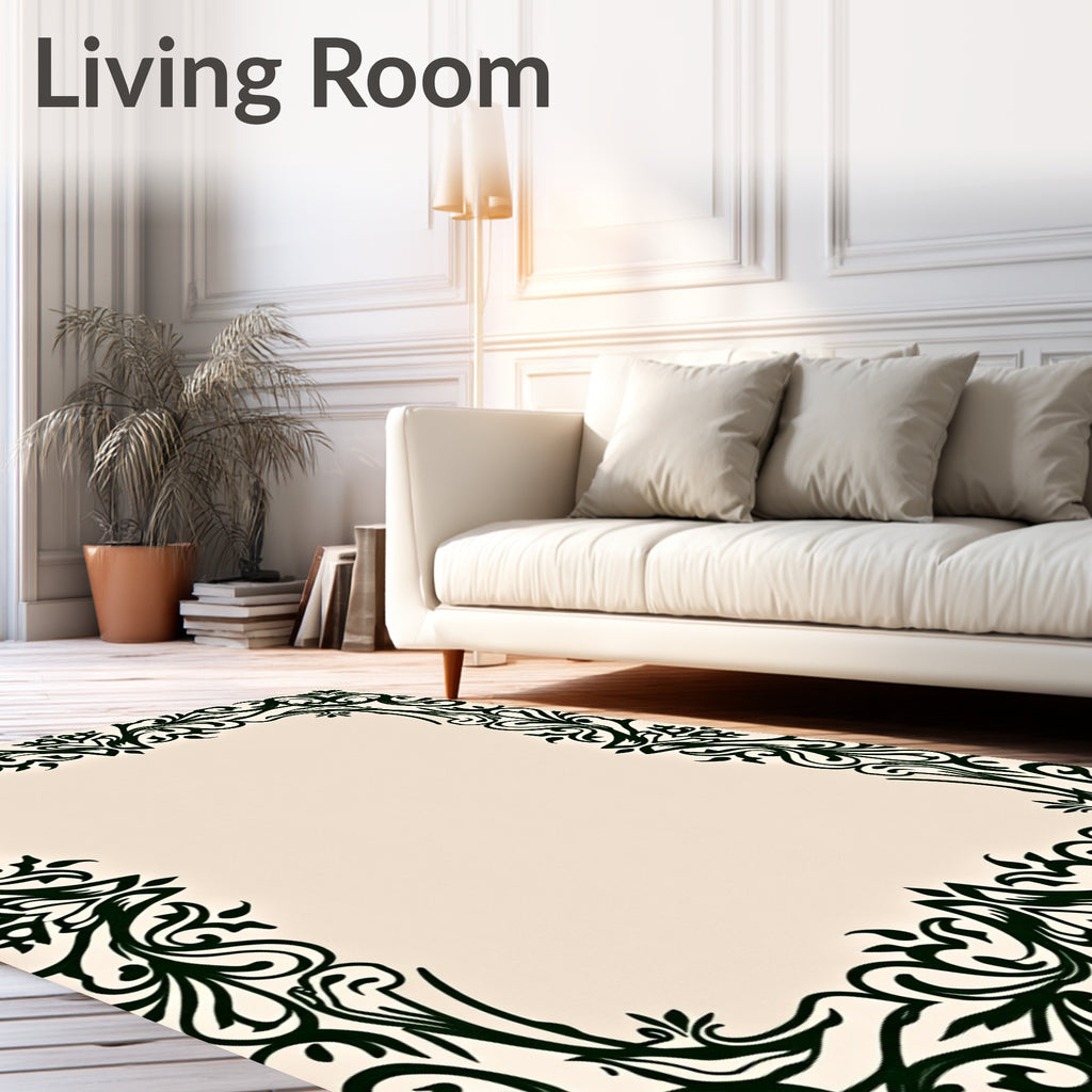 Dark Green Floral Scroll Border Rug