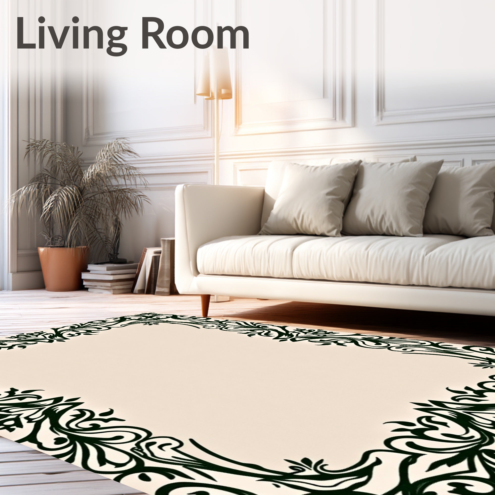 Dark Green Floral Scroll Border Rug