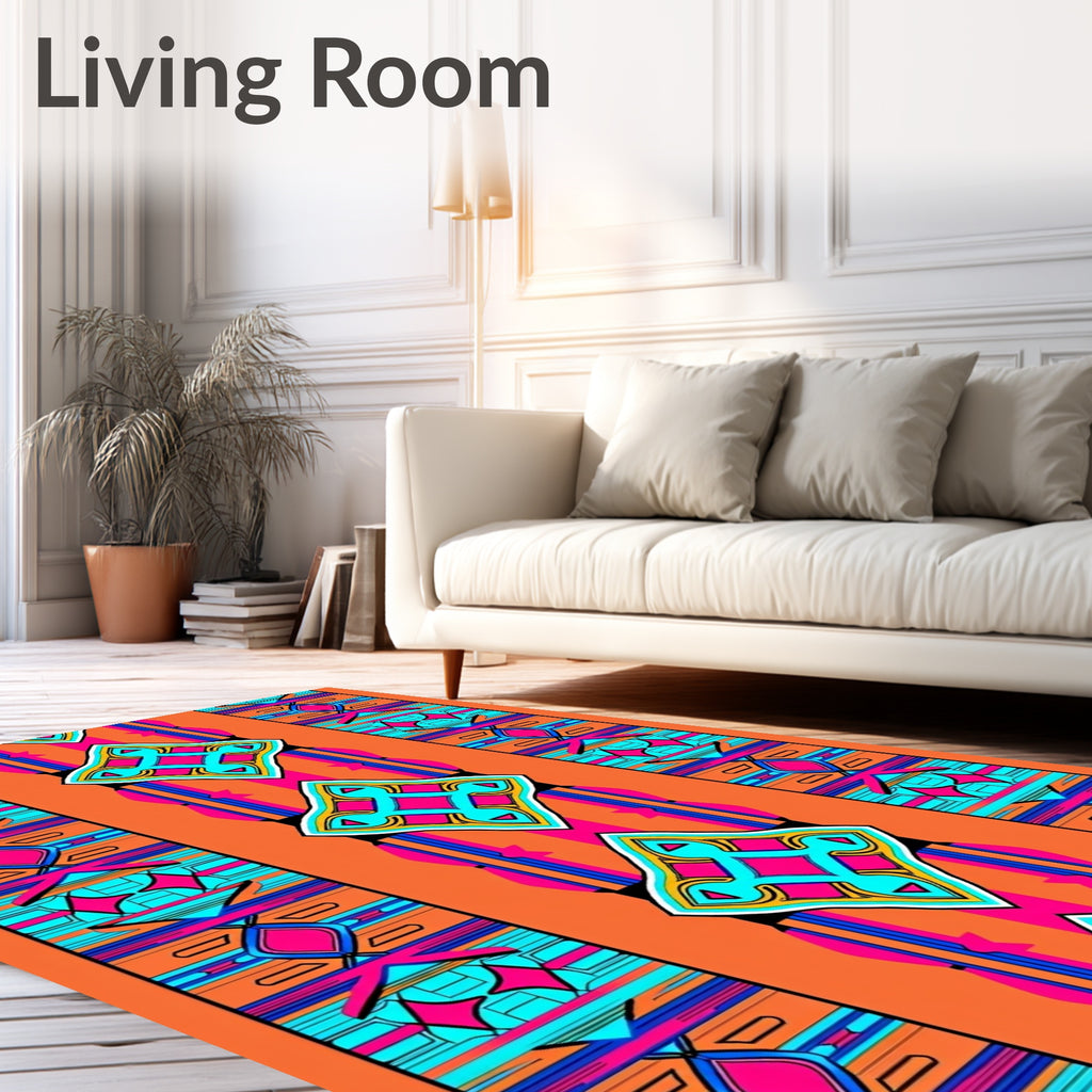 Vibrant Orange Geometric Tribal Diamond Rug