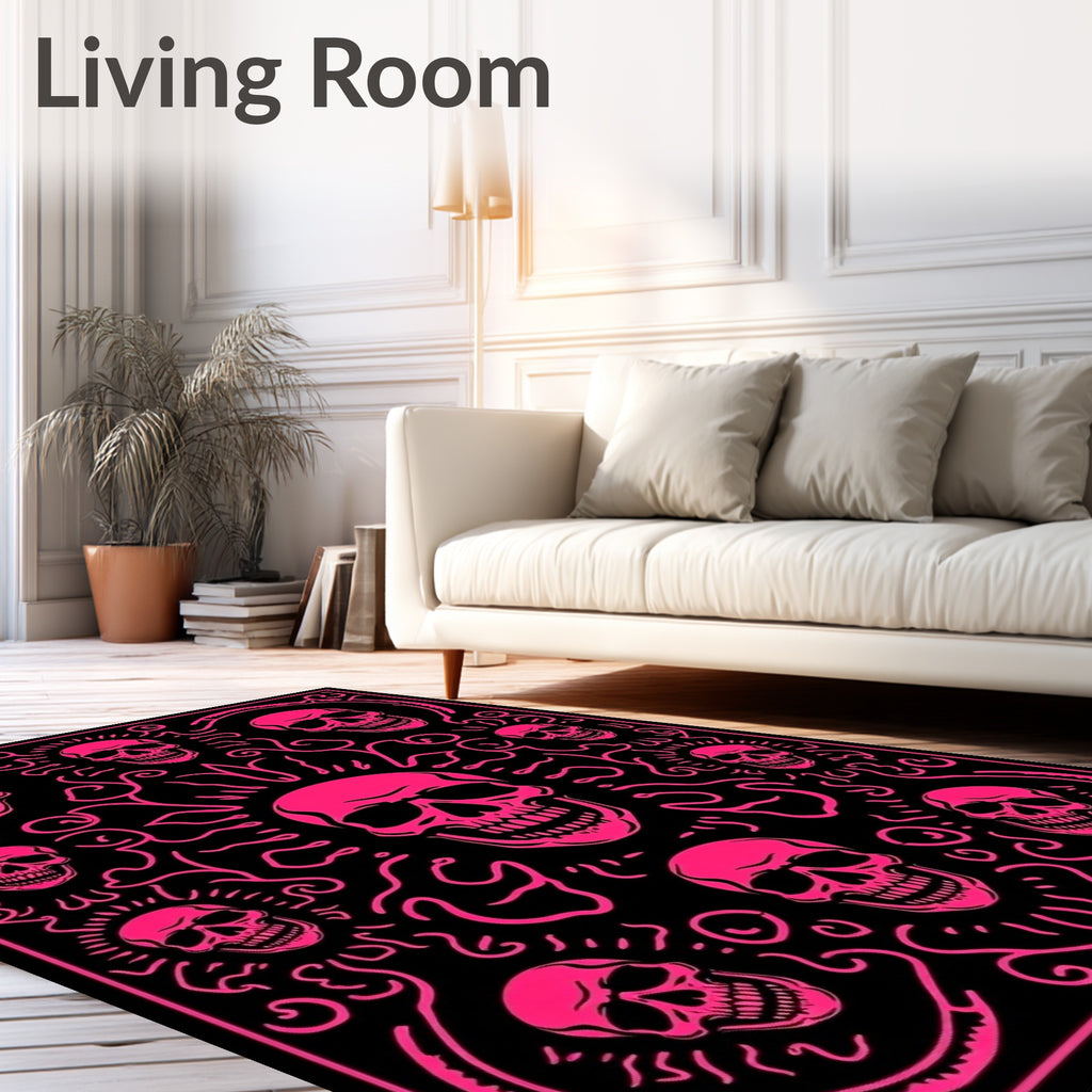 Vibrant Pink Skulls Black Art Rug