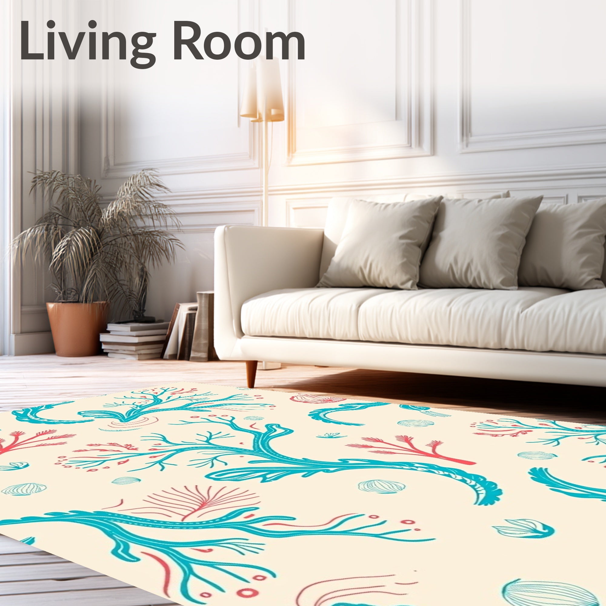Coral Branch Teal Coral Cream Rug