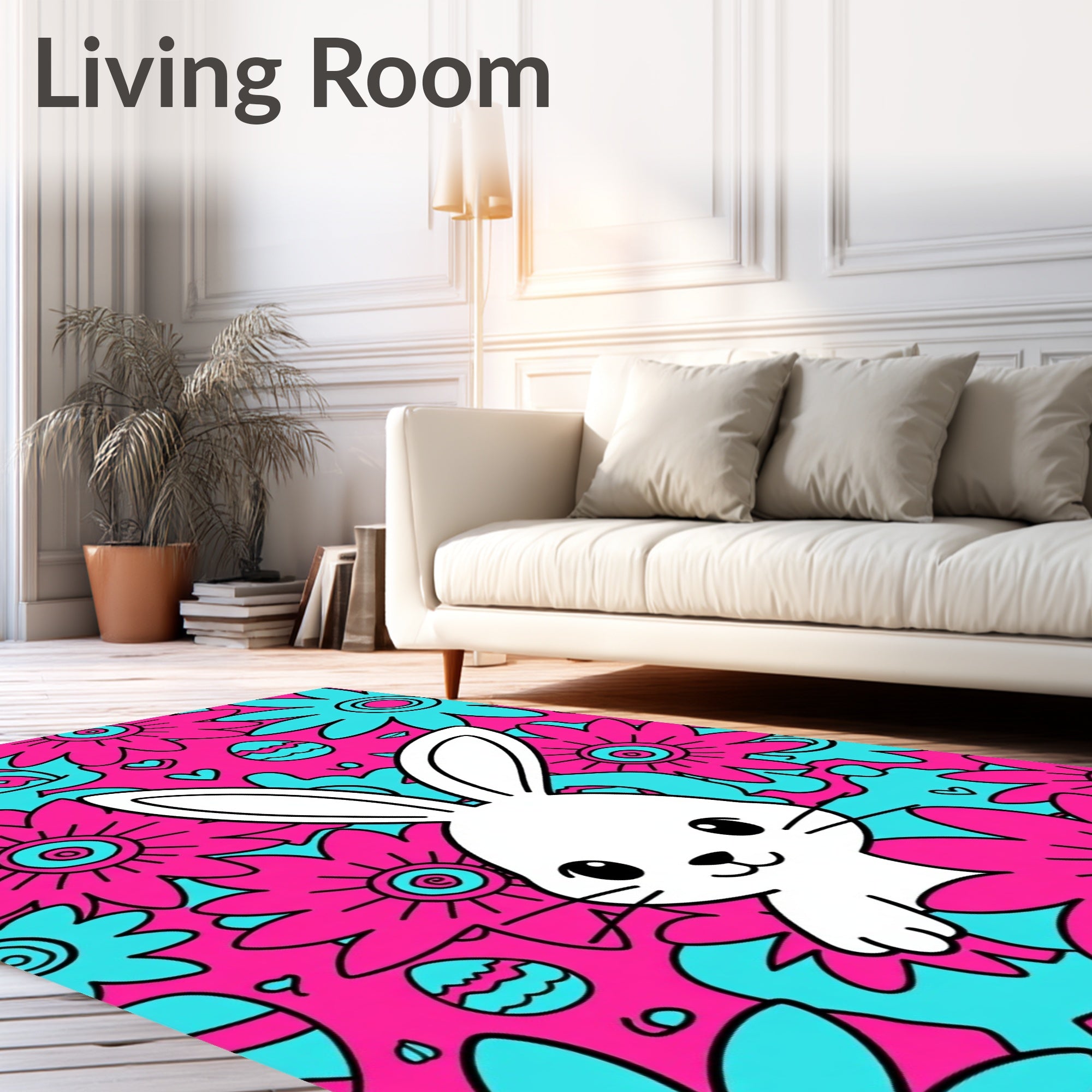 Whimsical White Rabbit Floral Easter Rug