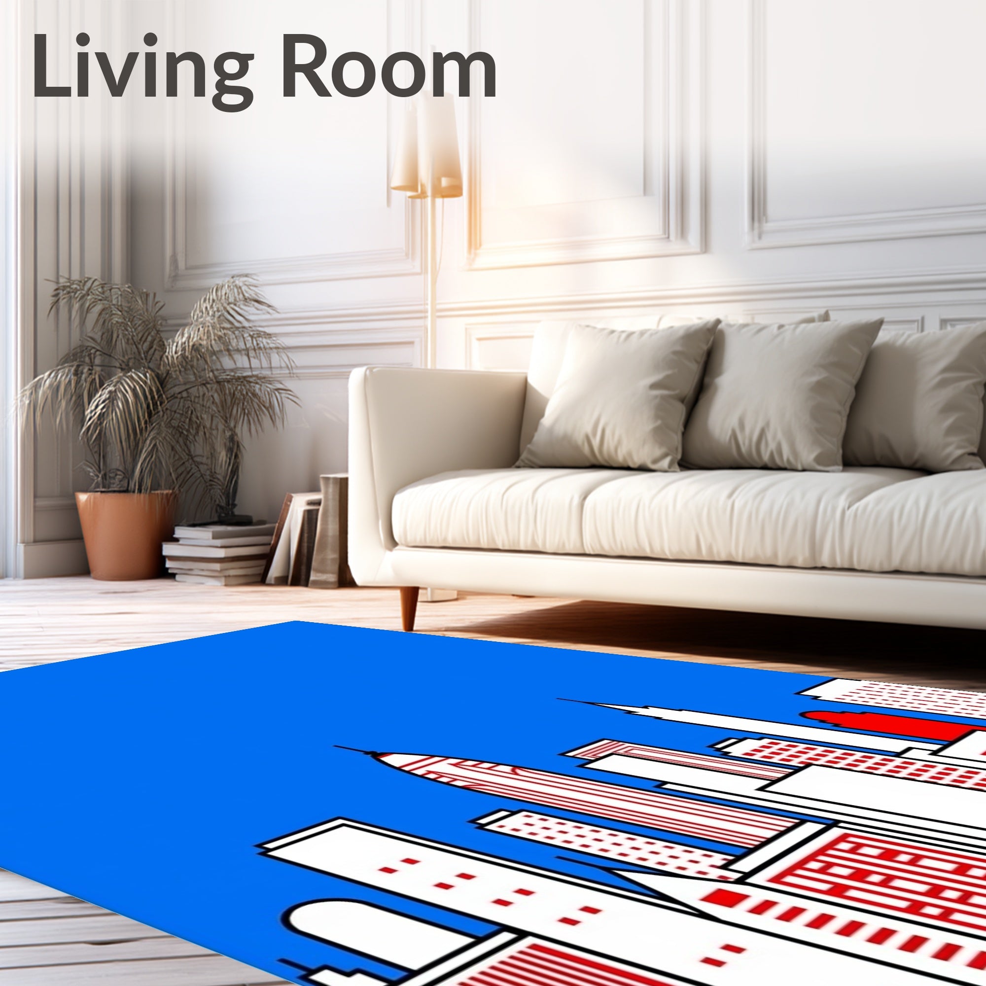Red White Blue Cityscape Buildings Rug