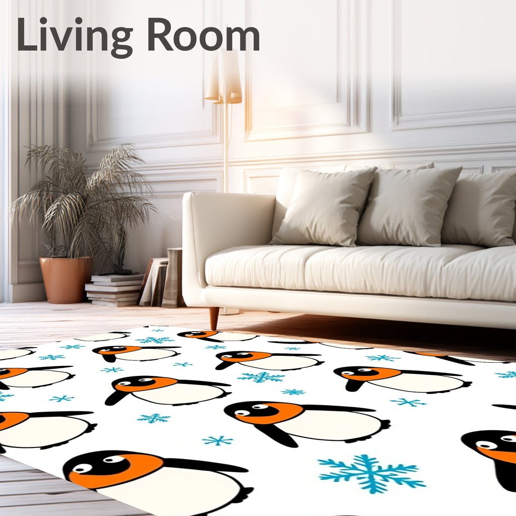 Whimsical Penguin Snowflakes White Background Rug