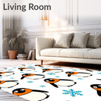 Whimsical Penguin Snowflakes White Background Rug