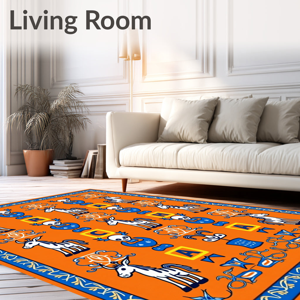 Orange Blue Whimsical Zebra Alphabet Rug