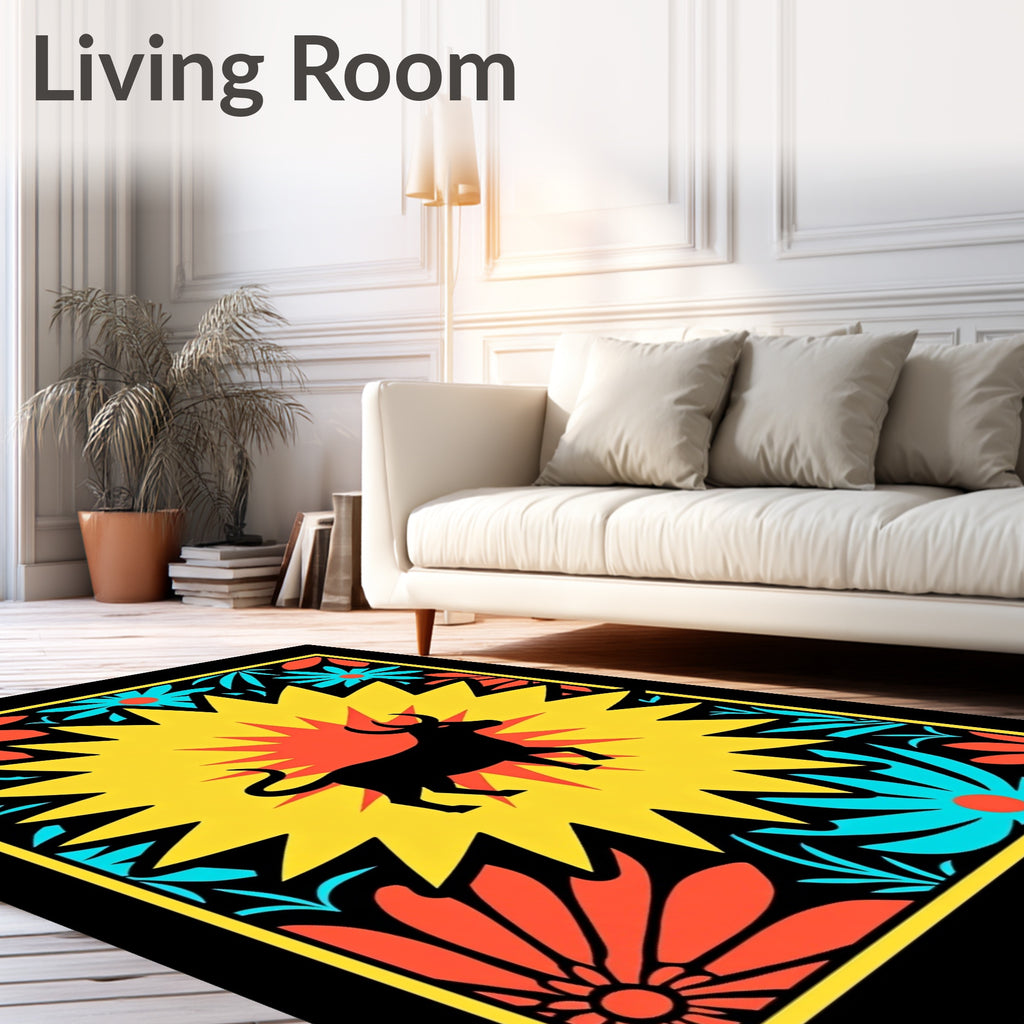 Vibrant Black Bull Floral Burst Rug