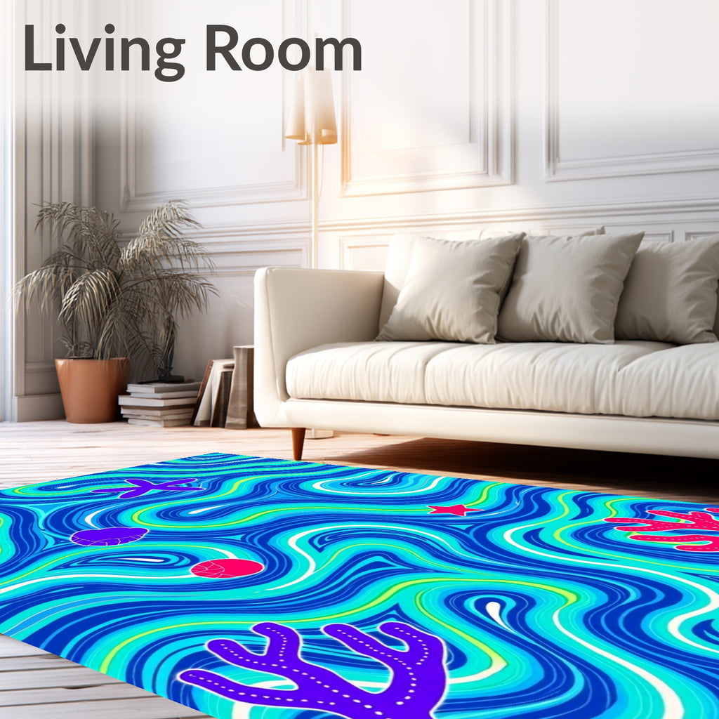 Oceanic Blue Swirls Coral Starfish Rug
